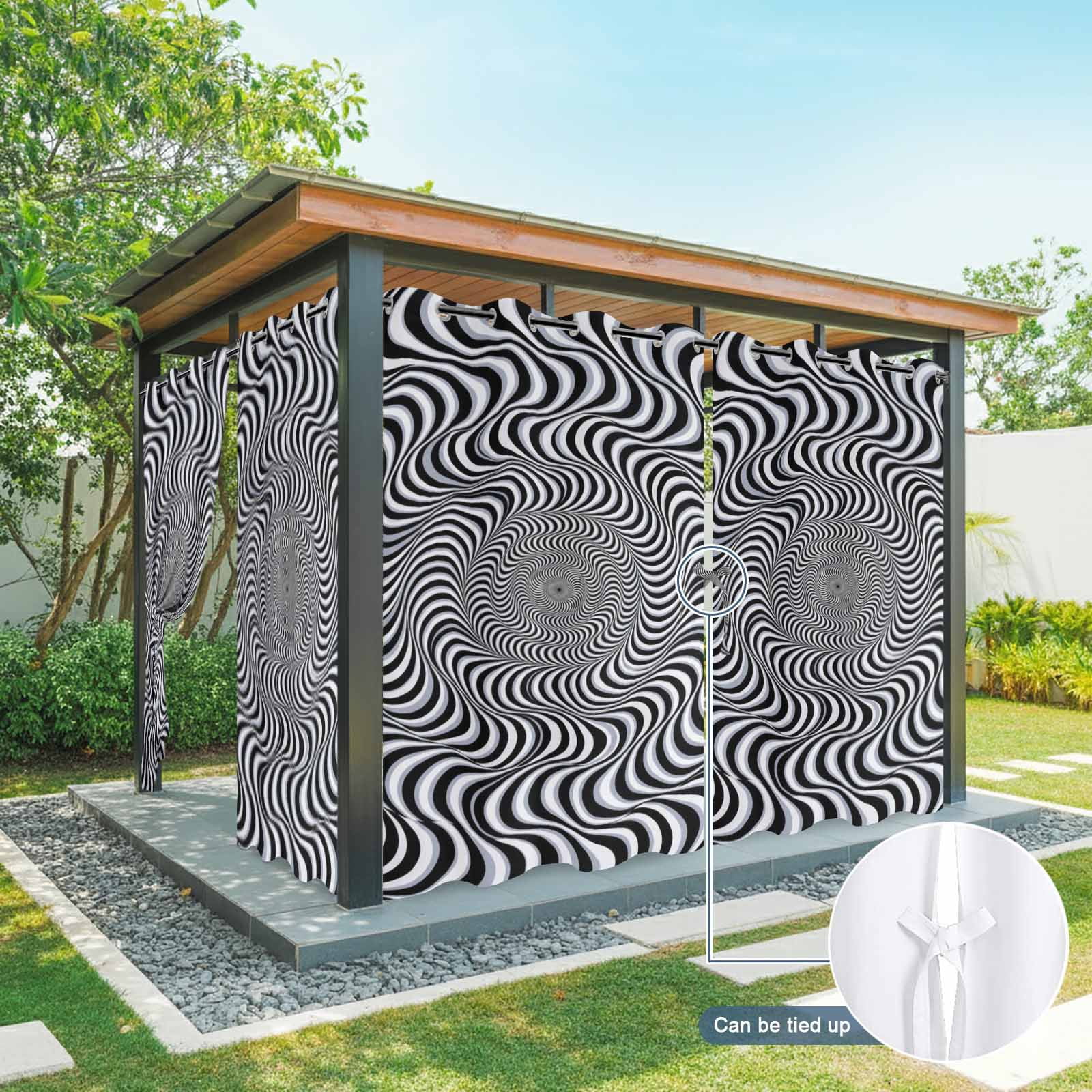 VortexLines Outdoor Curtains for Patio, Modern Abstract Black and White Optical Spiral Dynamic Lines Sunshade Privacy Drapes Grommet Waterproof Outside Curtains for Porch Balcony 54"x108", 1 Panel