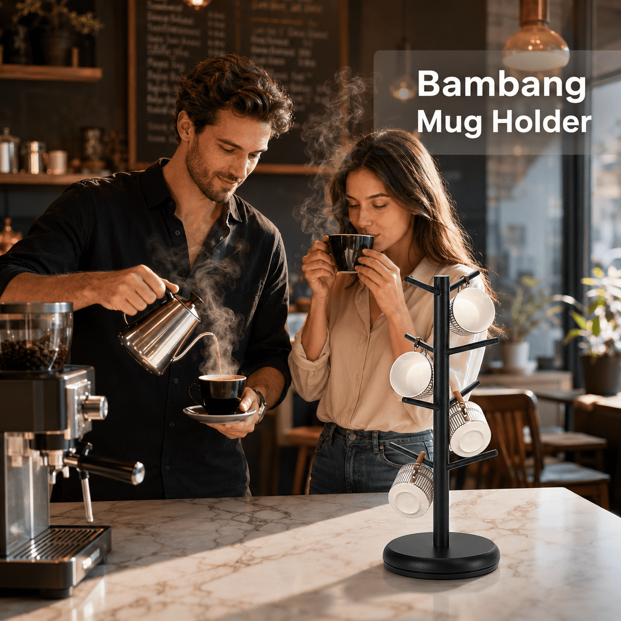 Bamboohomie Mug Tree, Coffee Cup Holder for Countertop, Rotating Coffee Mug Tree Stand with 8 Hooks, Black