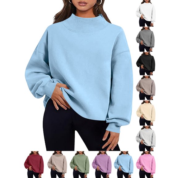 Womens Mock Neck Sweatshirts Oversized Pullover Fall Outfits | Fall Fashion Clothes 2026,Teacher Outfits,Long Sleeve Tops,Comfort Soft Fleece,Casual Lounge Travel Work Hiking Outfit Light Blue Xxxl
