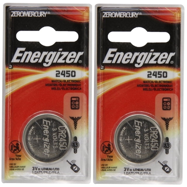 2 Pack Energizer CR2450 ECR2450 CR 2450 3V Lithium Coin Cell Button Battery, featuring two 3-volt lithium batteries in individual packaging. The batteries are designed for use in watches, electronics, and other compatible devices. The packaging highlights the Energizer branding and includes icons indicating compatibility with various devices.