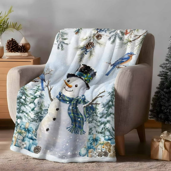Throw Blanket Fleece Throw Blanket 40x50in, Watercolor Winter Snowman Squirrel Soft Lightweight Bed Blankets Christmas Bird Fuzzy Couch Blankets for All Season
