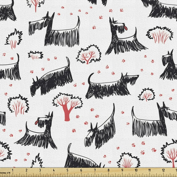 Ambesonne Scottie Dog Fabric by the Yard Upholstery, Hand-drawn Dog Breeds, 1 Yard, Dark Coral Charcoal Grey
