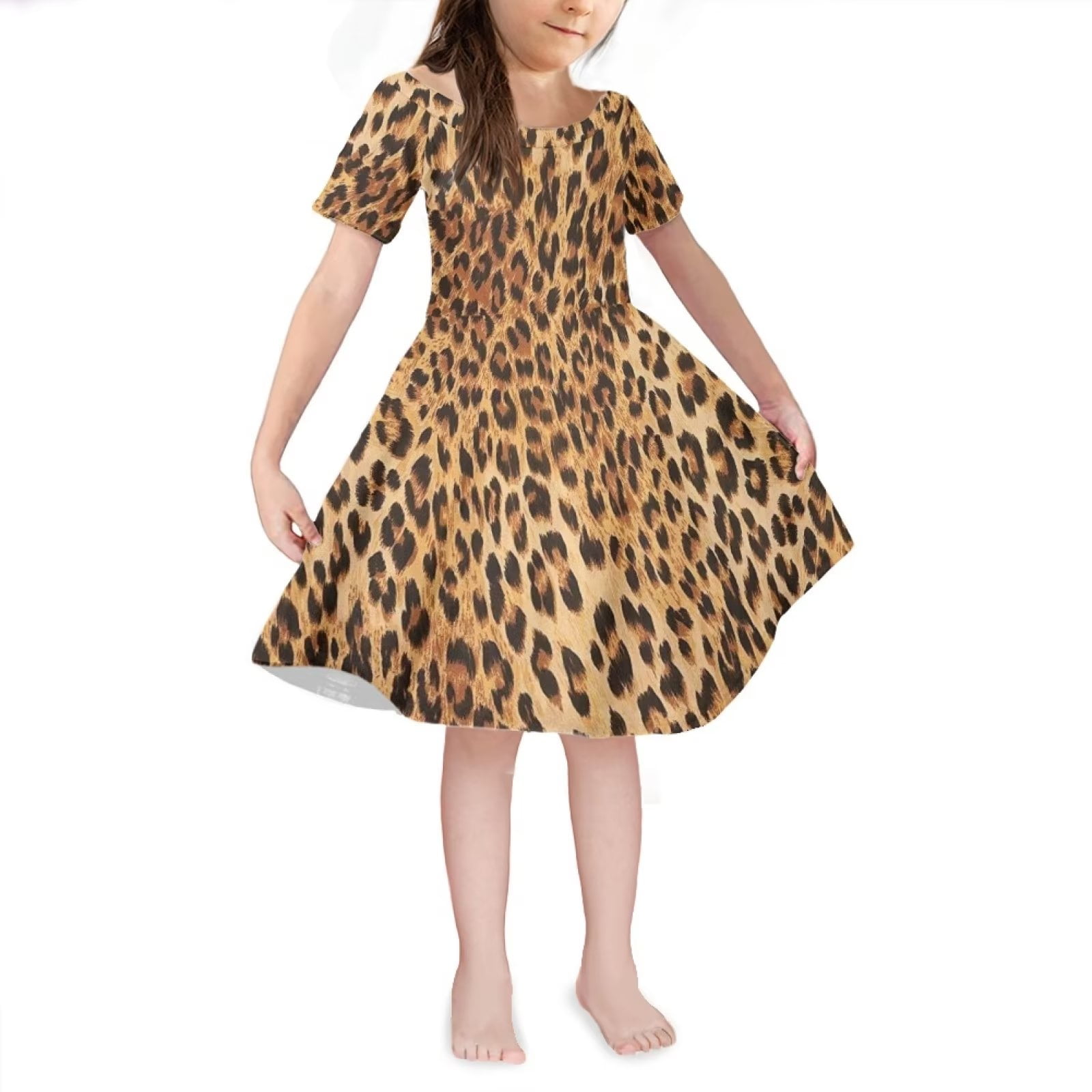 Girls Dress with Classic Leopard Print Size 9-10 Years Comfy School Knee Length Home Kids Girls Skater Dress -