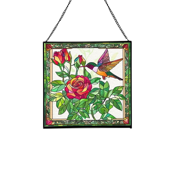 Rose and Hummingbirds Stained Glass Panels Window Hangings Tiffany Glass Traditional Art Crafts for Home Decor Gifts Square design, 8in 73OR1