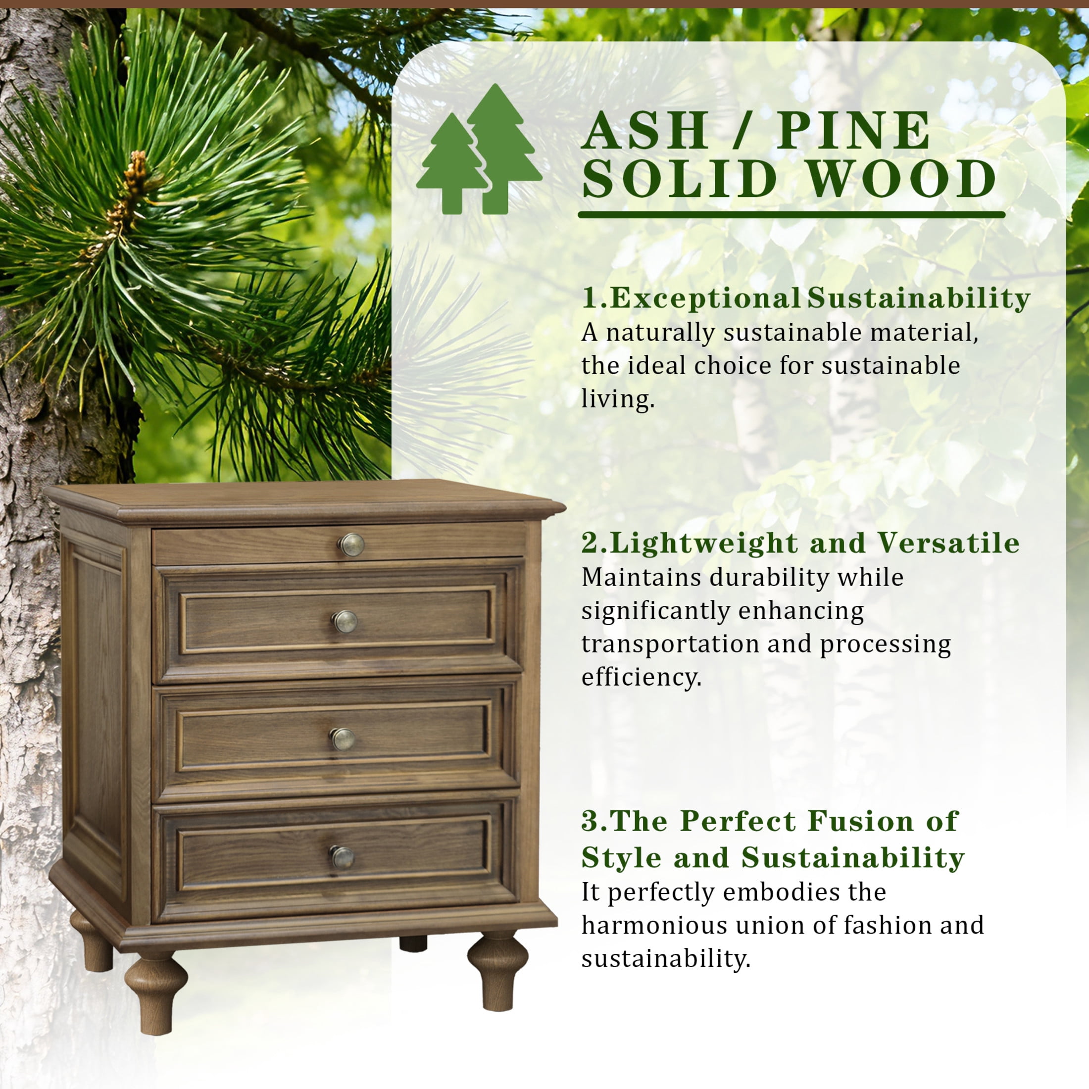 GDF Studio Farmhouse Nightstand with 3 Drawers & Pull-Out Tray, Solid Wood Legs, Light Brown