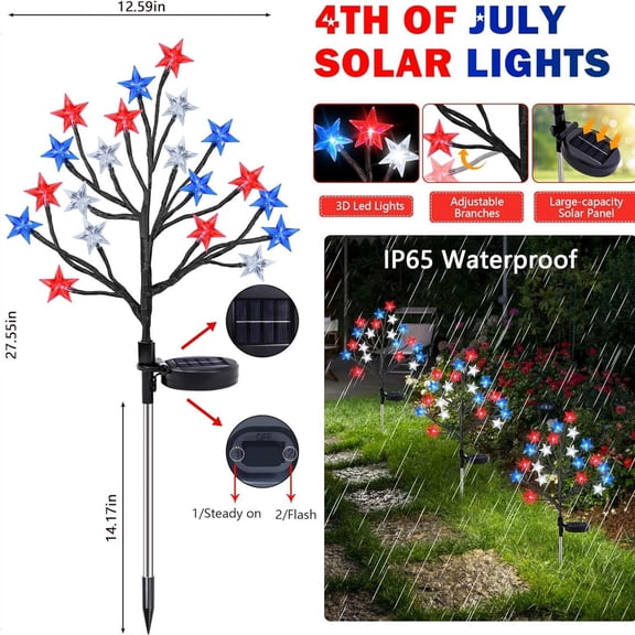 250th Anniversary USA Red White and Blue Star Solar Lights Outdoor 4th of July Decorations Garden Lights LED Waterproof Solar Security Light Yard Led Light Patriotic Fourth of July Decorations