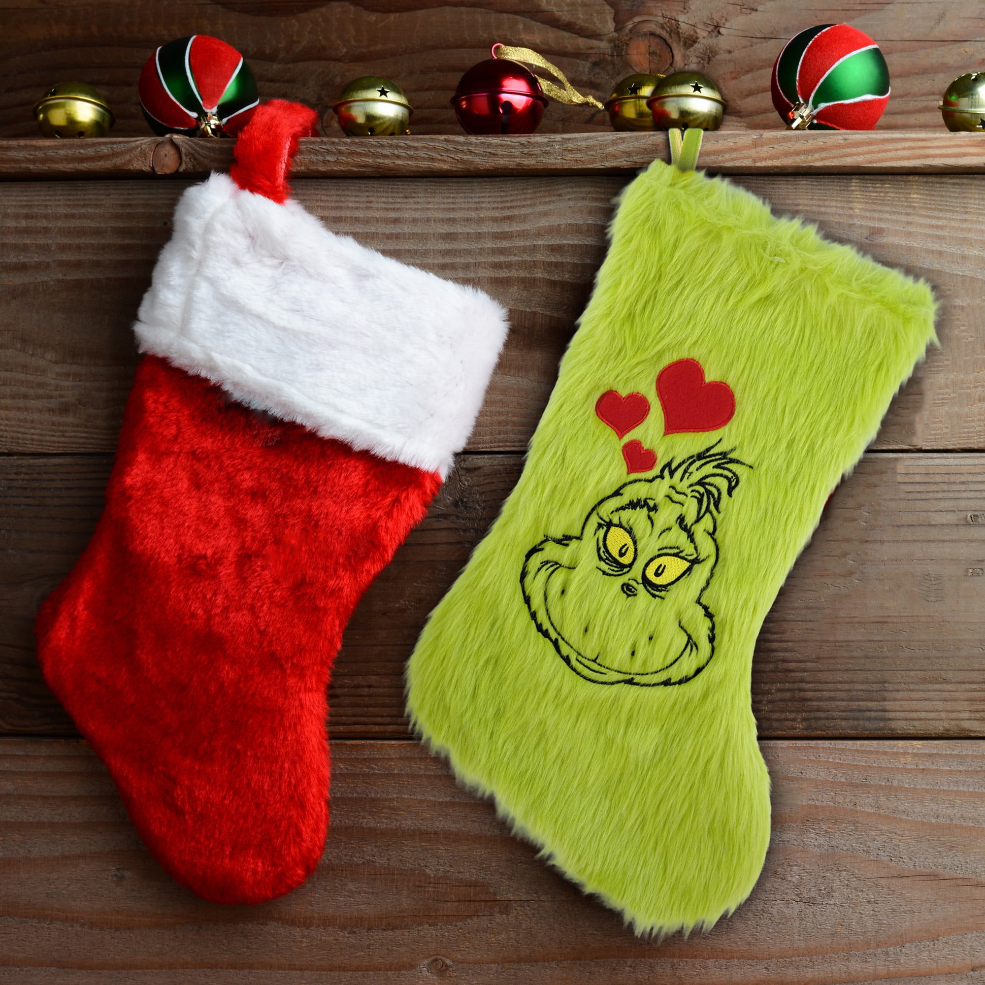 Grinch 20 Inch Furry Christmas Stocking with Heart Design - Holiday Decor