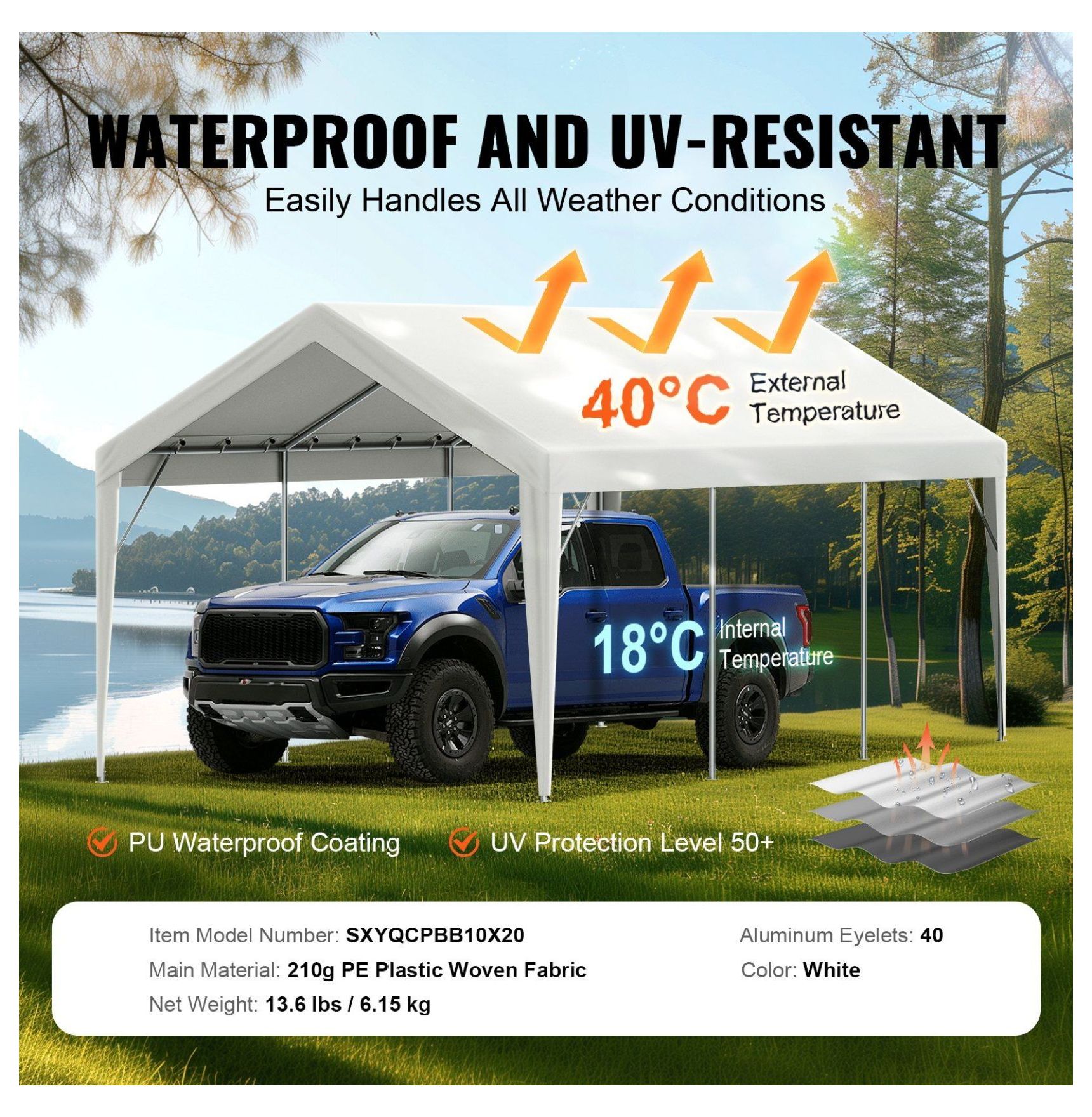 Carport Canopy Cover 10x20 ft - Waterproof & UV Protection