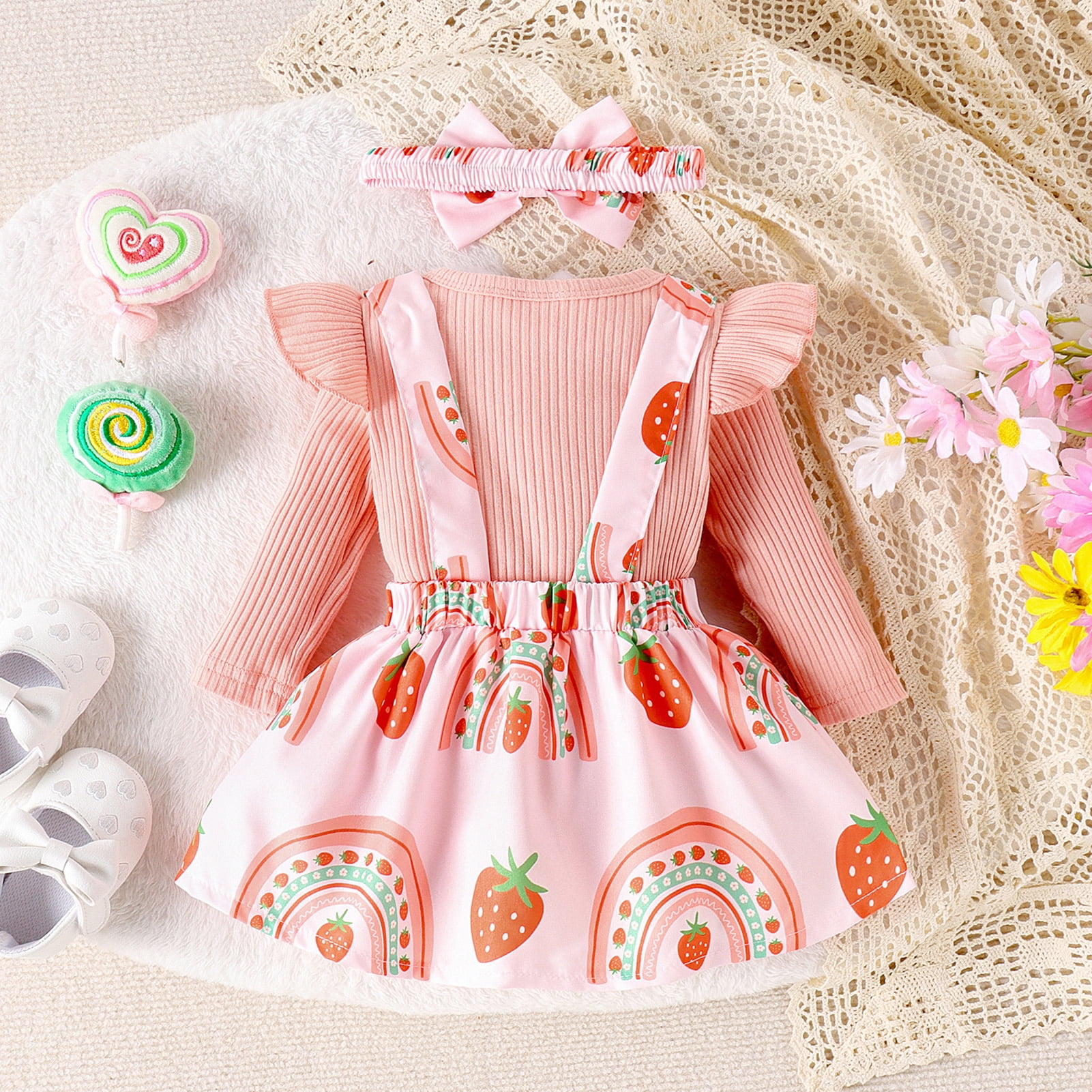 OBEEII Infant Toddle Girls Clothes Long Sleeve Jumpsuit and Strawberry Printed Skirt Fall Winter Casual Outfits Suit Cake Smash with Headband 3Pcs