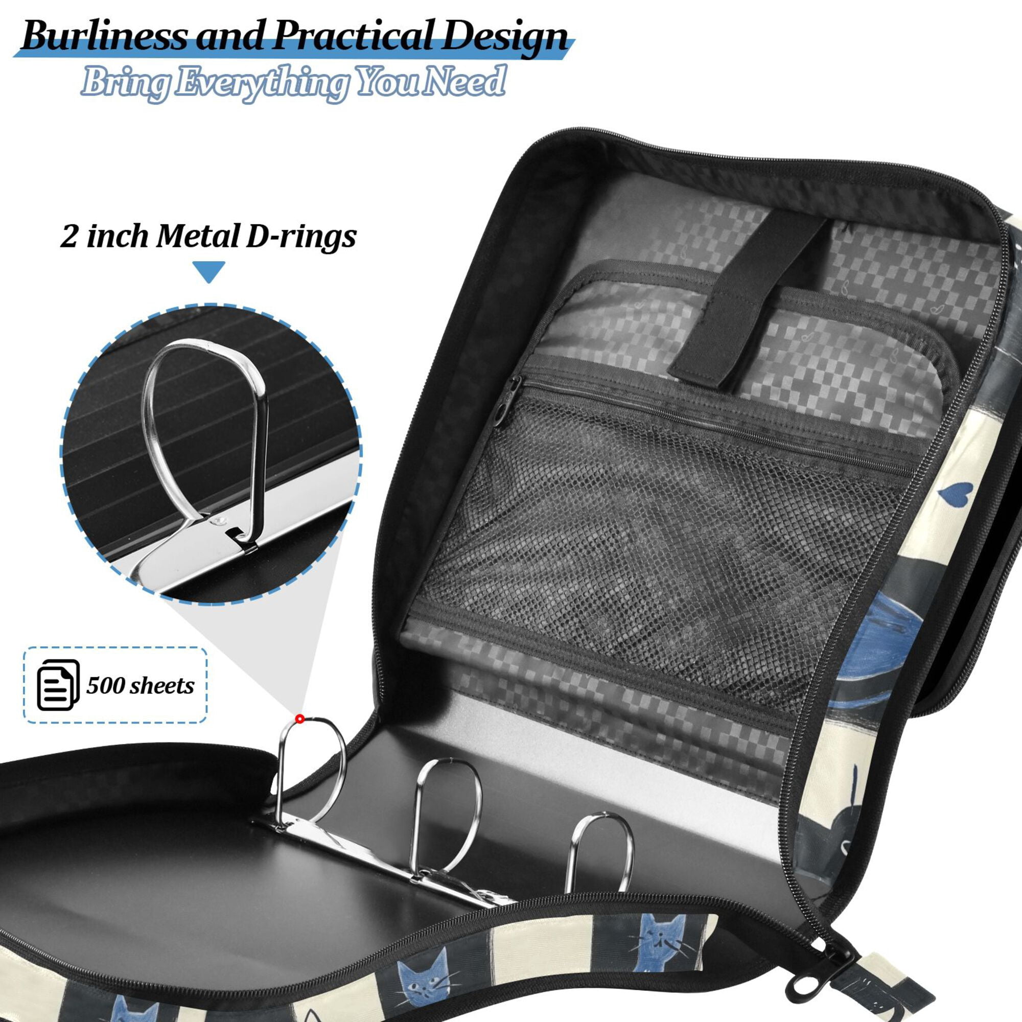 FORMRS Zipper Binder with Shoulder Strap 2-inch Ring 500 Sheet Capacity File Bag, Black and Blue Cat