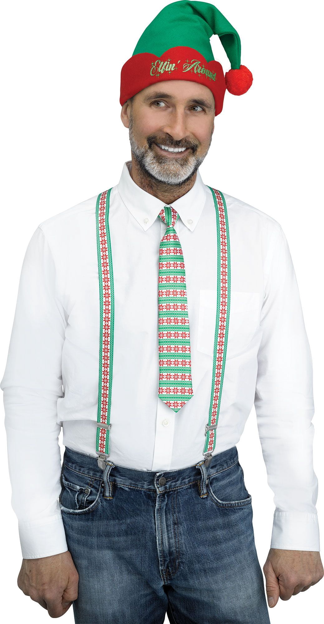 3pc Green and Red Nordic Snowflakes Christmas Suspender Kit - One Size Fits Most