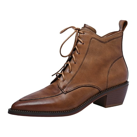 OJSFQUFP Womens Shoes Winter Warm Boots Retro French Pointed Short Boots Women s Middle Heel Lace Up Boots Autumn and Winter New Women s Boots Thick Heels and Ankle Boots Woman S Boots Brown 37
