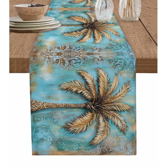 Boho Coastal Beach Table Runner 36 Inches, Tropical Coconut Tree Teal Green Bed Runner Dresser Scarves Tabletop for Indoor Outdoor Parties/Ceremony/Banquet, 13"x 36"
