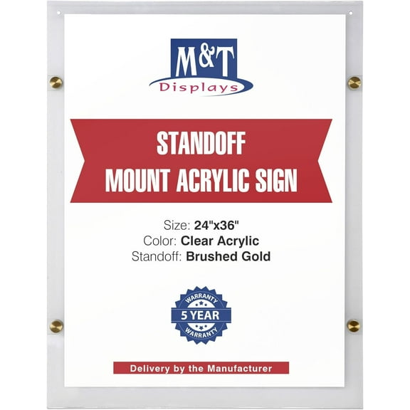 M&T Displays Wall Mounting 24x36 Inch Frameless Clear Acrylic Picture Sign Holder with Brushed Gold Standoff Hardware for Photo Certificate Diploma for Office Classroom Hospital Restaurant Cafe
