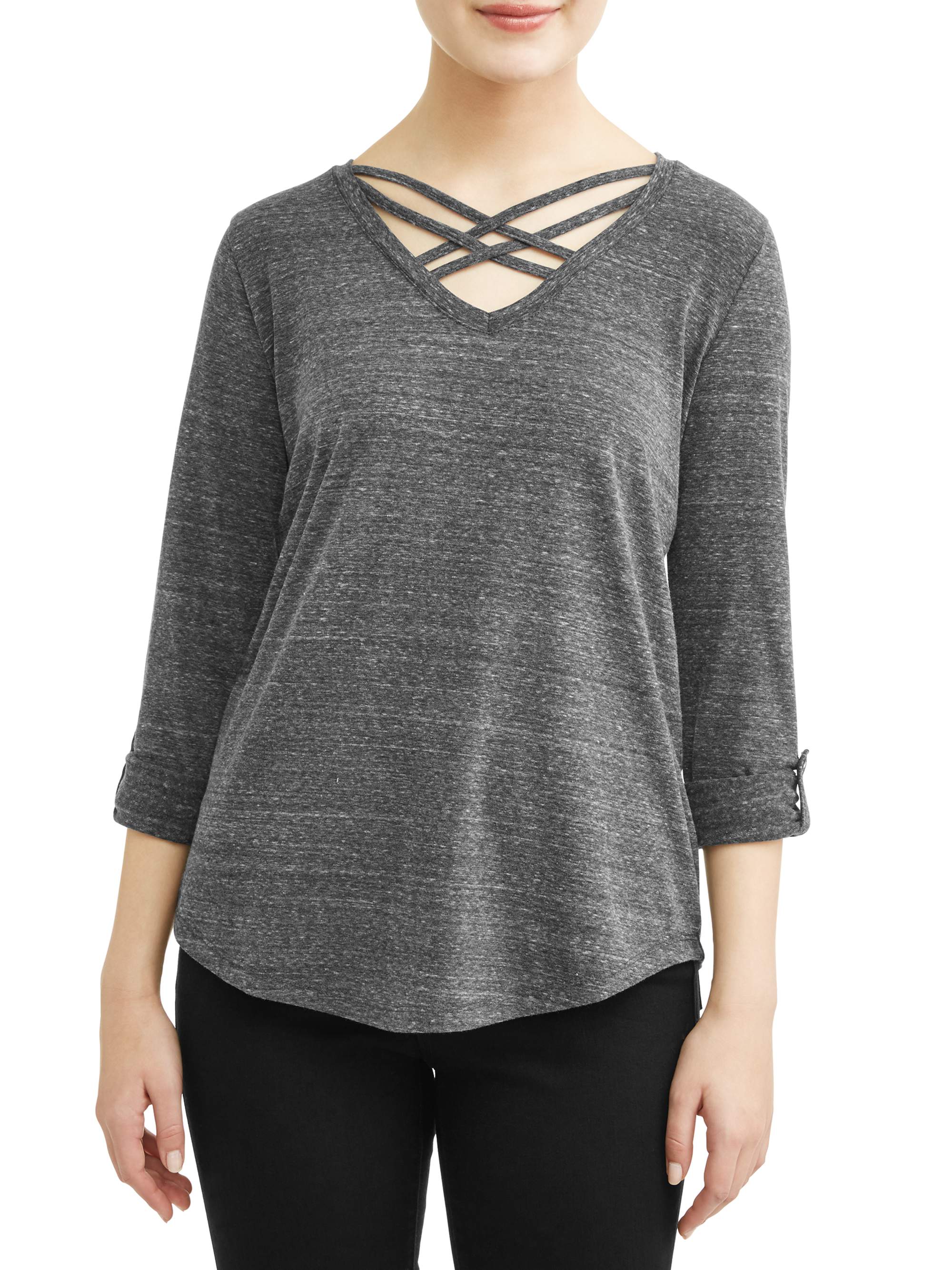 Thyme & Honey Women's 3/4 Roll Tab Sleeve with Neck Detail