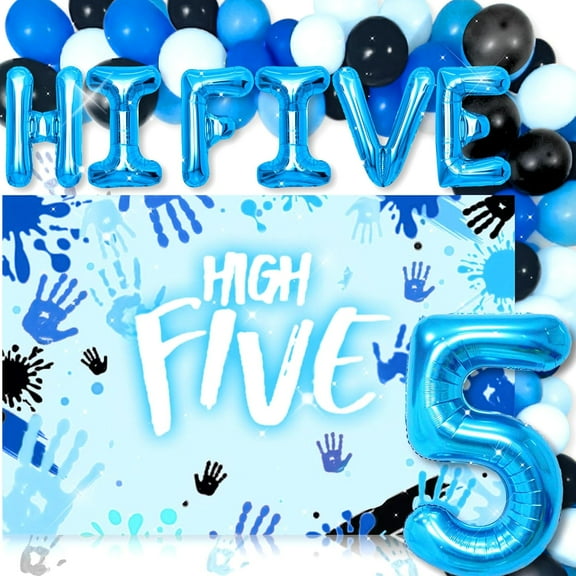 High Five Theme 5th Birthday Party Decoration Set - Blue High-Five Handprint Foil Balloon and Backdrop Combination