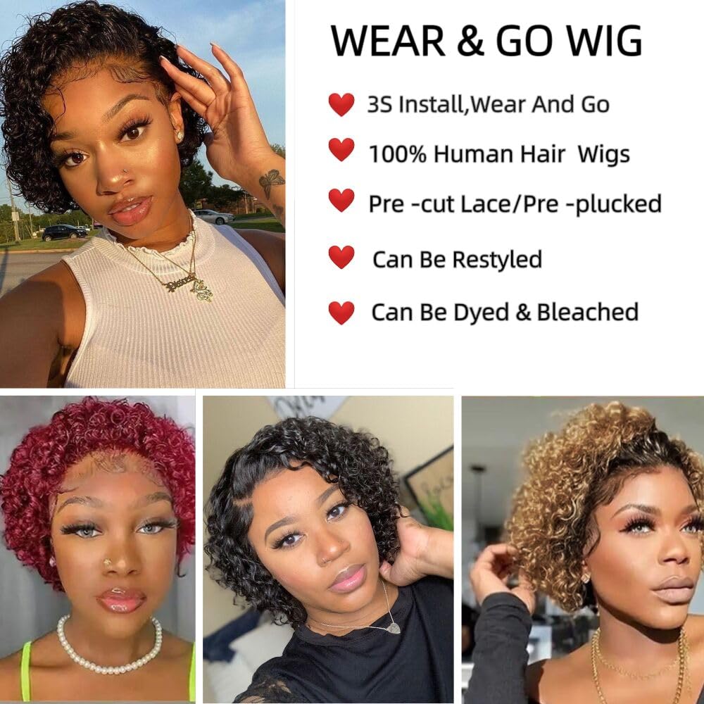 CJBZLCPCOO Wig  Wear and Go Gluelss Bob Wigs  Pre Cut Pre Plucked 4x4 Lace Closure No Glue Needed for Beginners Short Curly Human Hair Wigs For Women
