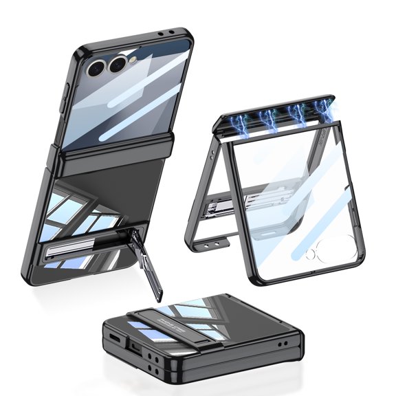 ELEHOLD Clear Case for Samsung Galaxy Z Flip 7, Luxury Plating Foldable Kickstand Rugged Shock-Absorbent Magnetic Hinge Protective Cover Case with HD Tempered Glass ,Black