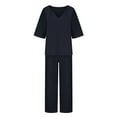 thumbnail image 5 of BLTIBY 2025 Cotton Linen 2 Piece Sets for Women Summer Solid Color Loose Short Sleeve V Neck Shirts Wide Leg Pant Matching Set Plus Size Vacation Outfits with Belt Dark Blue 4XL, 5 of 6