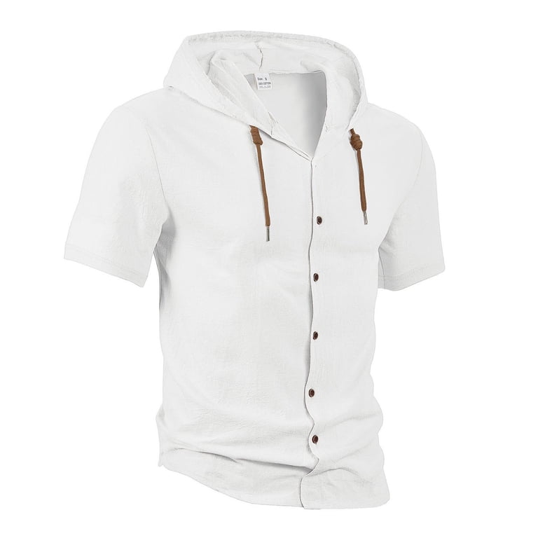 QATAINLAV Men's Button Down Linen Hoodies Summer Lightweight Short