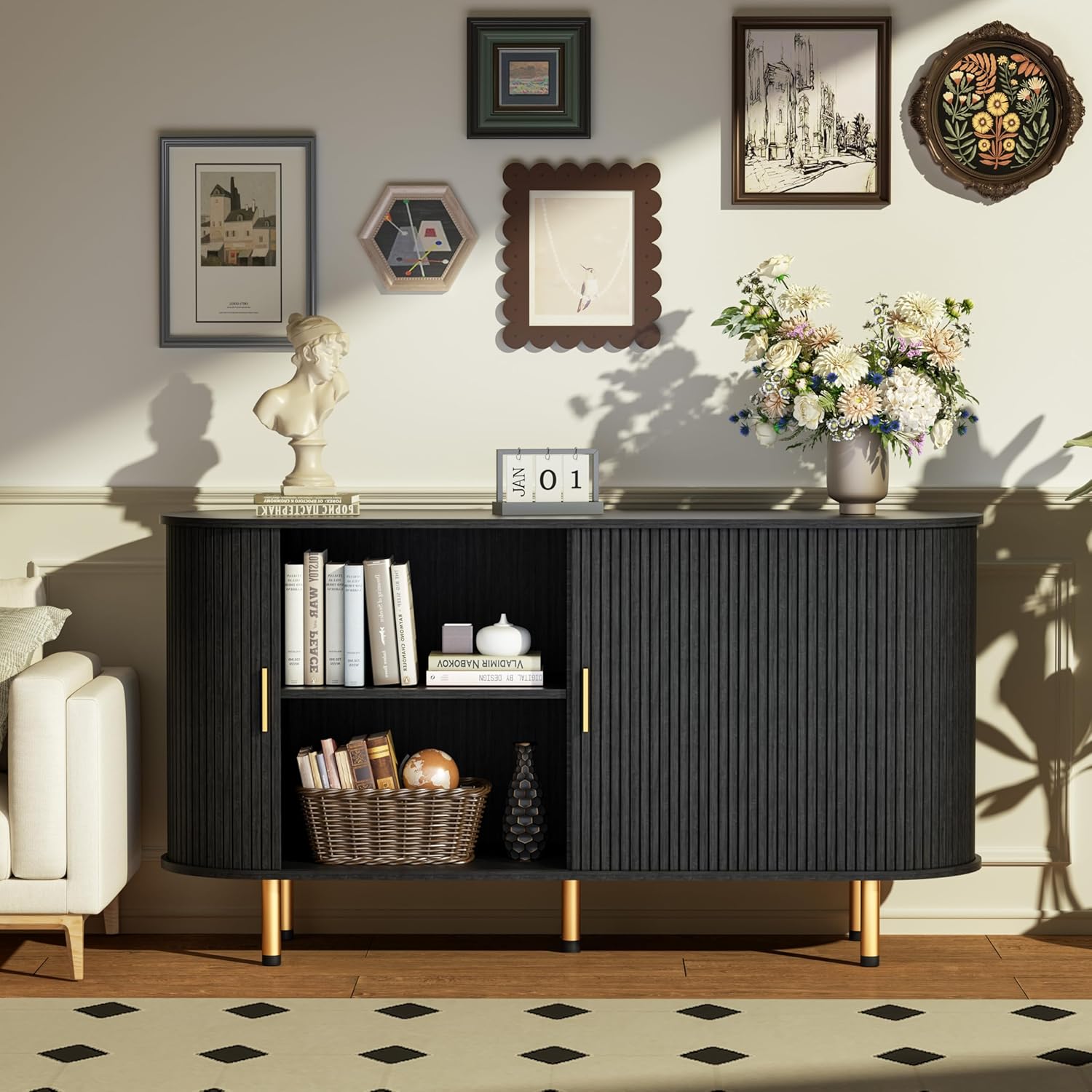 Sideboard Buffet Cabinet with Storage, 55" Mid Century Modern Fluted Accent Coffee Bar Console Table with Tambour Sliding Doors & Adjustable Shelf for Kitchen, Living Room, Entryway (Black)