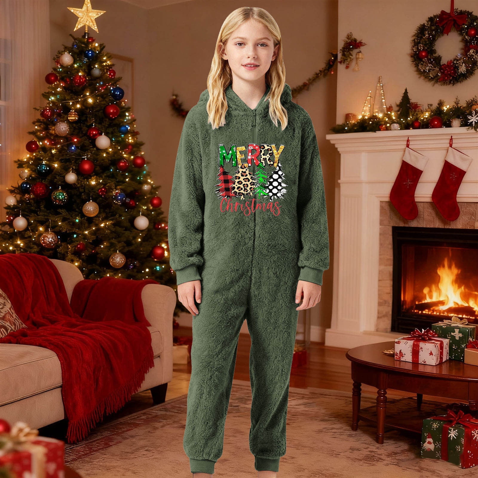 Gelikeya Boys Girls Christmas Onesies Pajamas Fuzzy Jumpsuit Kids Toddler Long Sleeve Jumpsuit Thermal Winter Outfits (Playwear & Dark Green & 11-12 Years)