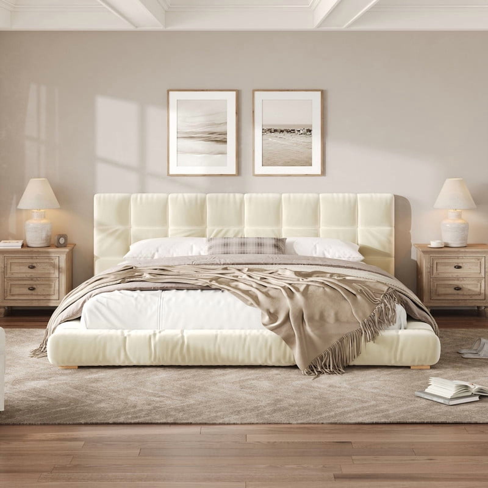 Velvet Queen/King Size Platform Bed Frame, Upholstered Floor Bed, Fully Wrapped Grounded Bed with Channel Tufted Headboard