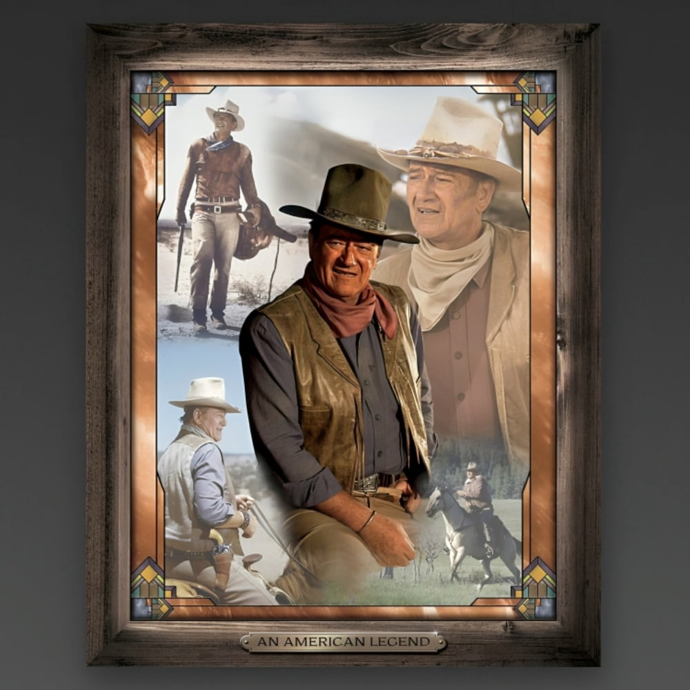 The Bradford Exchange The Legend Of John Wayne Wall Decor Self-Illuminating Wall Decor Stained Glass Artwork with LED Lights and Rustic Wooden Frame 16" W x 20" H