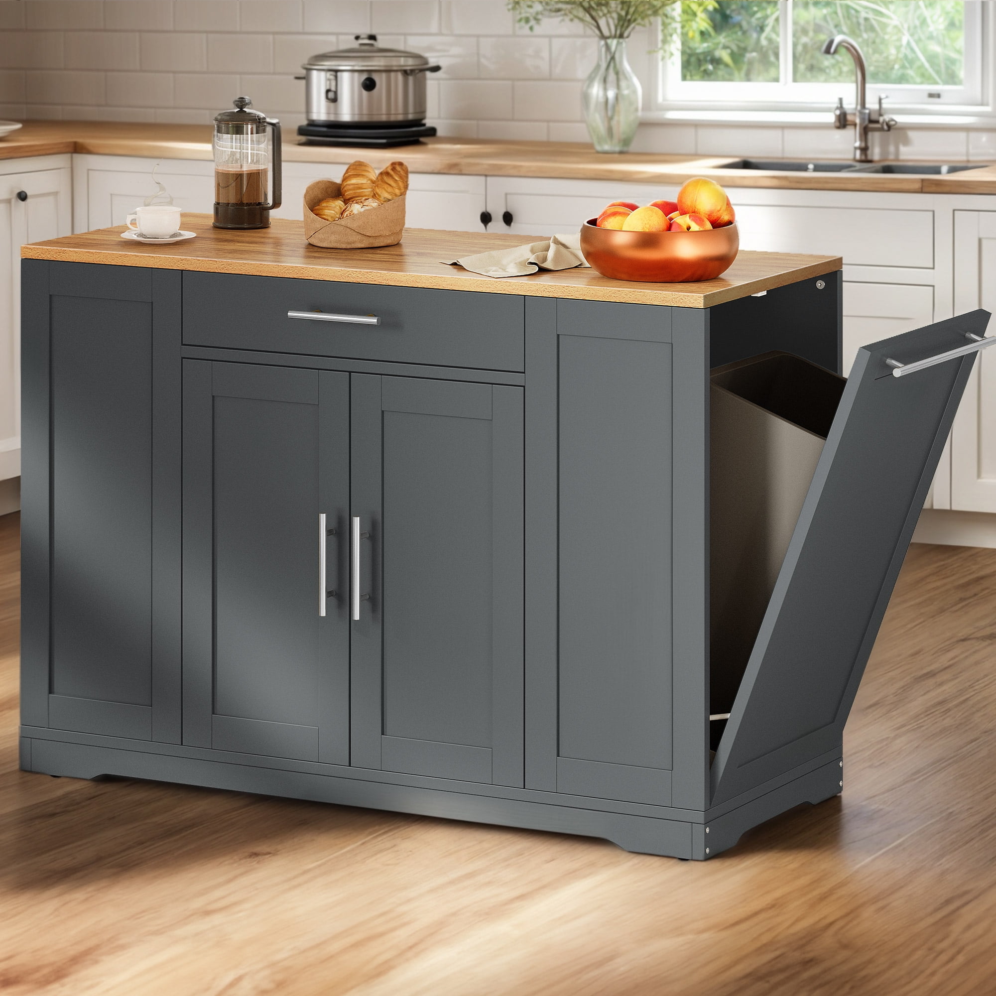 Uforic Rolling Kitchen Island with Wheels & Drawers, Kitchen Storage Cart with Storage Cabinet for 13-Gallon Trash Bin, Gray