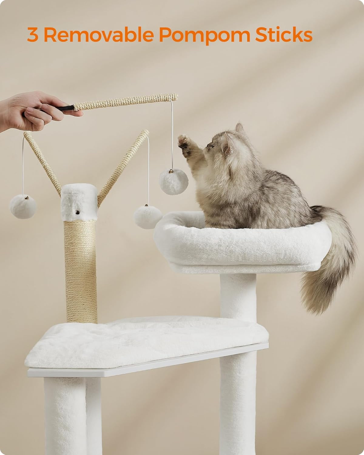Favory Cat Tree with Litter Box Enclosure, 59-Inch Modern Cat Tower, 2-in-1 Condo with Scratching Posts, Washable Removable Cushion, Cloud White UPCT113W01