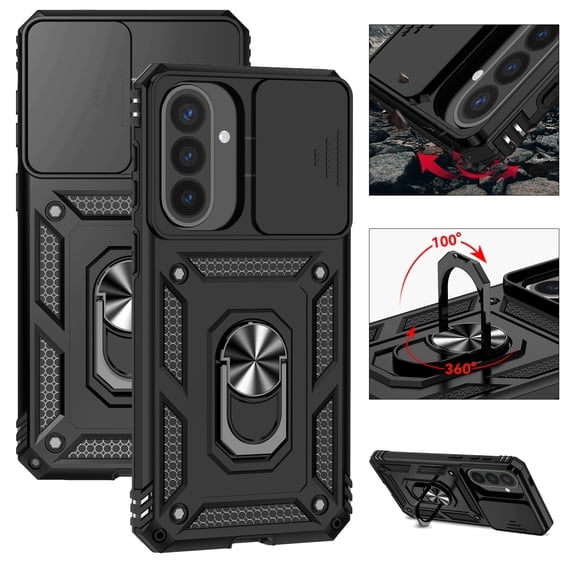 Hoibon Compatible with Samsung Galaxy A57 5G Case Built in Slide Camera Lens Cover with Finger Ring Holder Kickstand,Heavy Duty Shockproof Full Body Phone CoverFor Samsung Galaxy A57 2026,Black