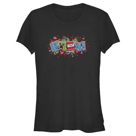 Junior's Minecraft Creeper Boom Colorful  Graphic Tee Black Large