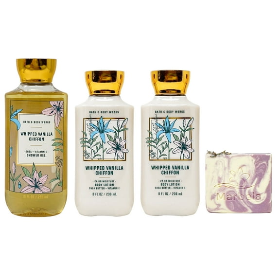 Bath & Body Works Whipped Vanilla Chiffon 3 Piece Value Pack with a Marbela Lavender Dream Bar Soap - 2 Body Lotions and a Shower Gel - Full Size