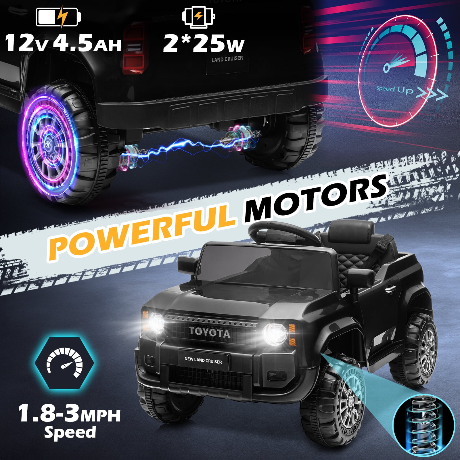 Winado Licensed Toyota 12V Kids Electric Ride On Car with Remote Control, Music, Lights, Black