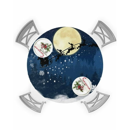

Round Tablecloth with Elastic Christmas Snow Eve Scene Santa Reindeer Moon Waterproof Stain-proof Table Cover Wipeable Fitted Table Cloths for 55 -60 Round Tables Dining Kitchen Indoor Outdoor Use