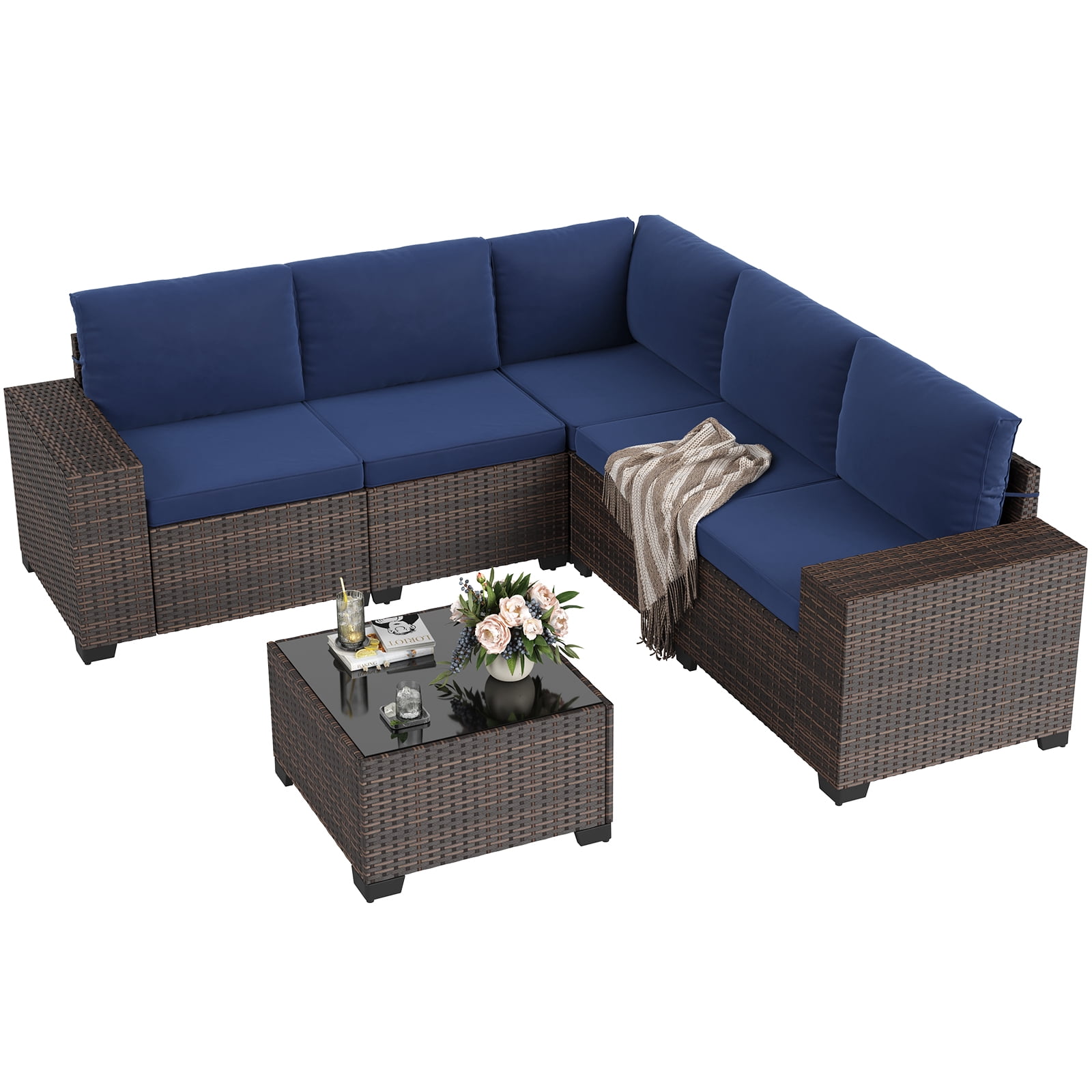 STARY 6 Pieces Outdoor Sectional Sofa with Wide Armrests, Patio Conversation Set, PE Rattan Furniture Set for Backyard, Blue
