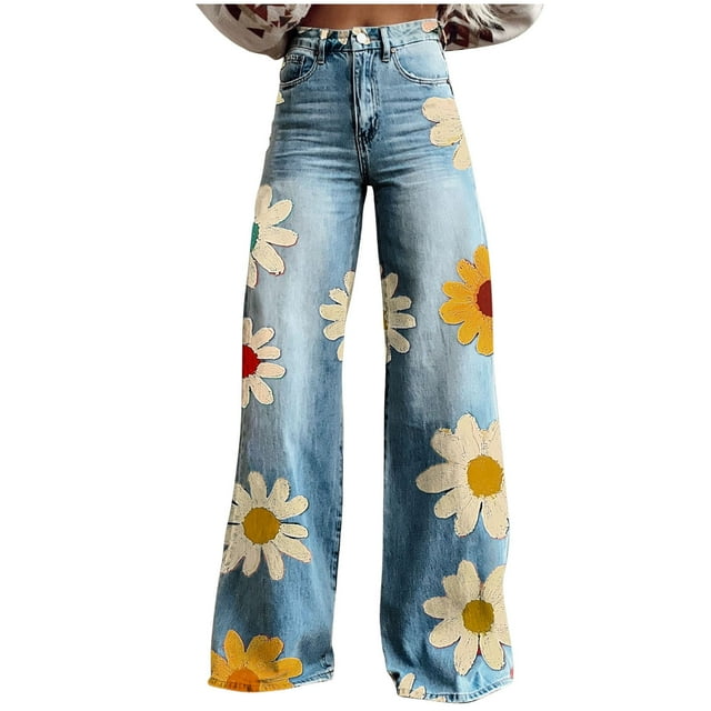KIHOUT Twill Pants Faux Jeans for Woemn Fashion Flowear Printed Wide Leg Button Pants with Pockets