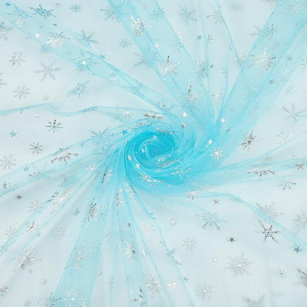 Tela de organza plateada con estampado de copos de nieve (4 yardas) - Tela transparente de nailon azul cielo con estampado navideño de copos de nieve (59,1 pulgadas de ancho)