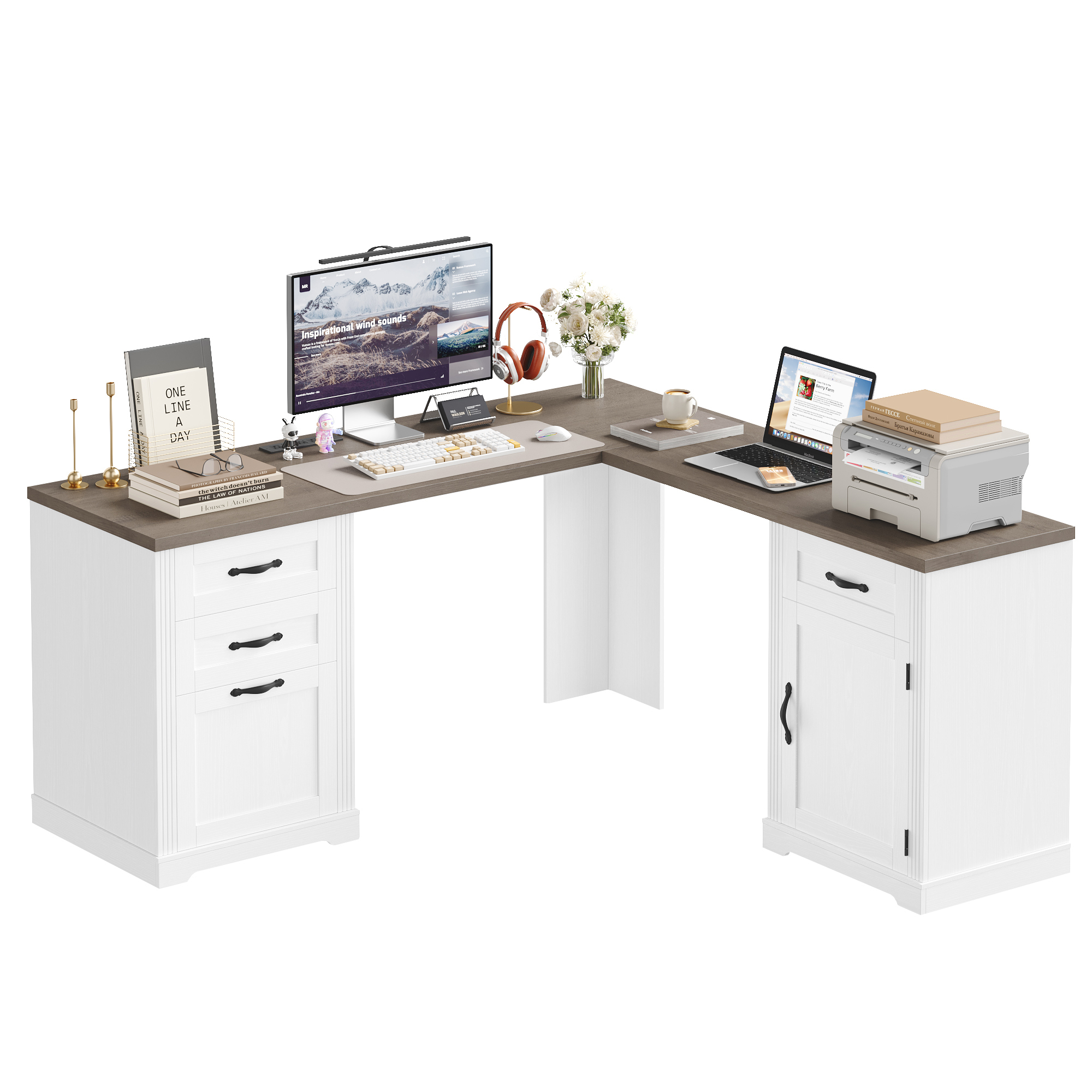 Homfa 59.8‘’W L-Shaped Computer Desk with 4 Drawers and Outlets, Modern White Study Writing Table Desk for Home Office，White