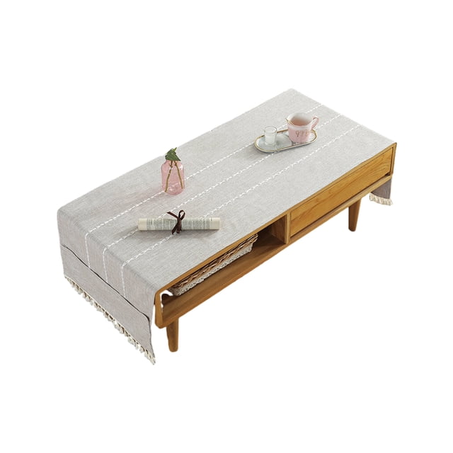 stanreset 1/2/3/5 Cotton Linen Tablecloth with Side Storage Pocket Rectangular TV Cabinet Mat Tea Desktop Fringe Waterproof Table Cloth for 70*180cm,Beige coffee 1 Pc
