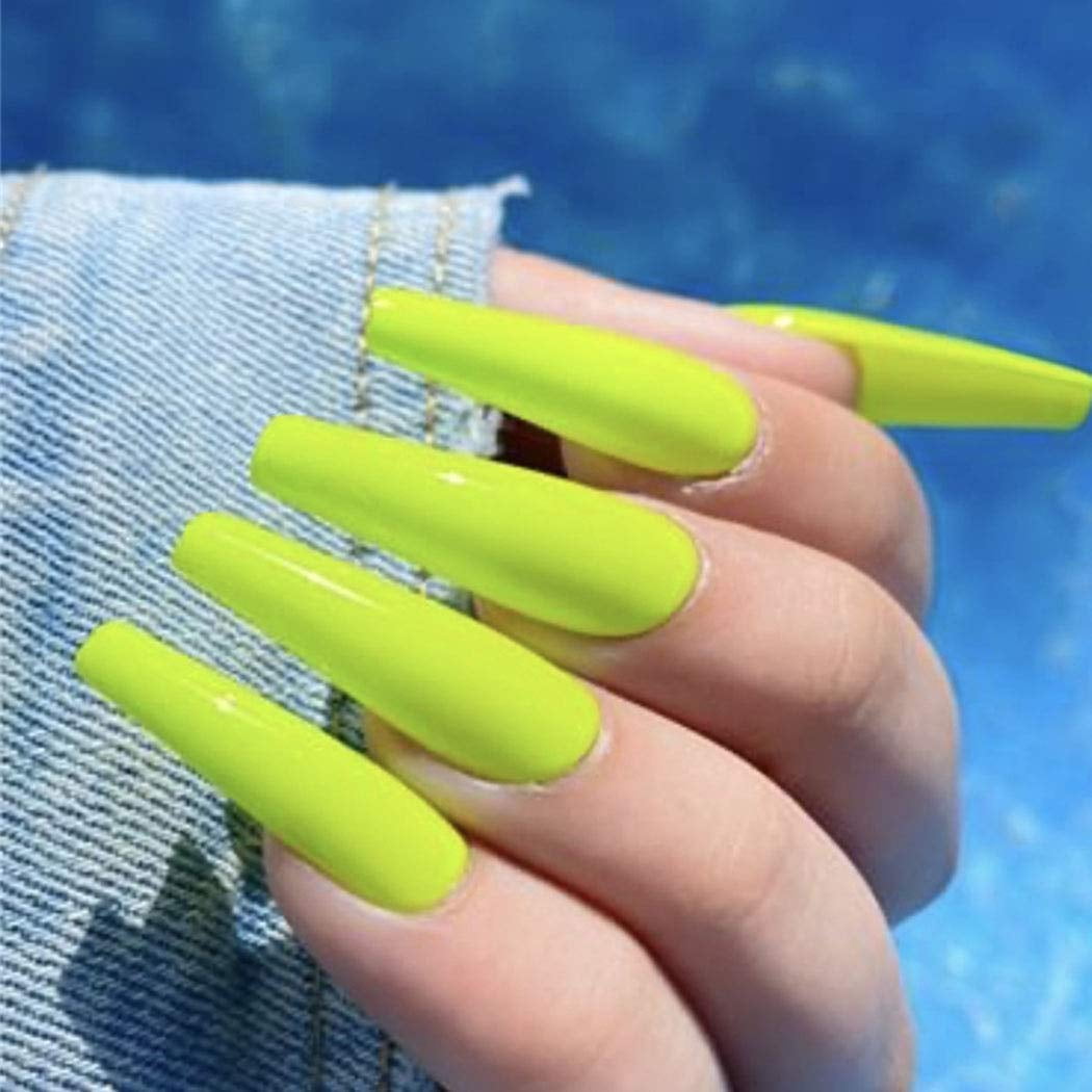 Nail Art Long Coffin Press On Nails Neon Green One Color Luxury Press ...