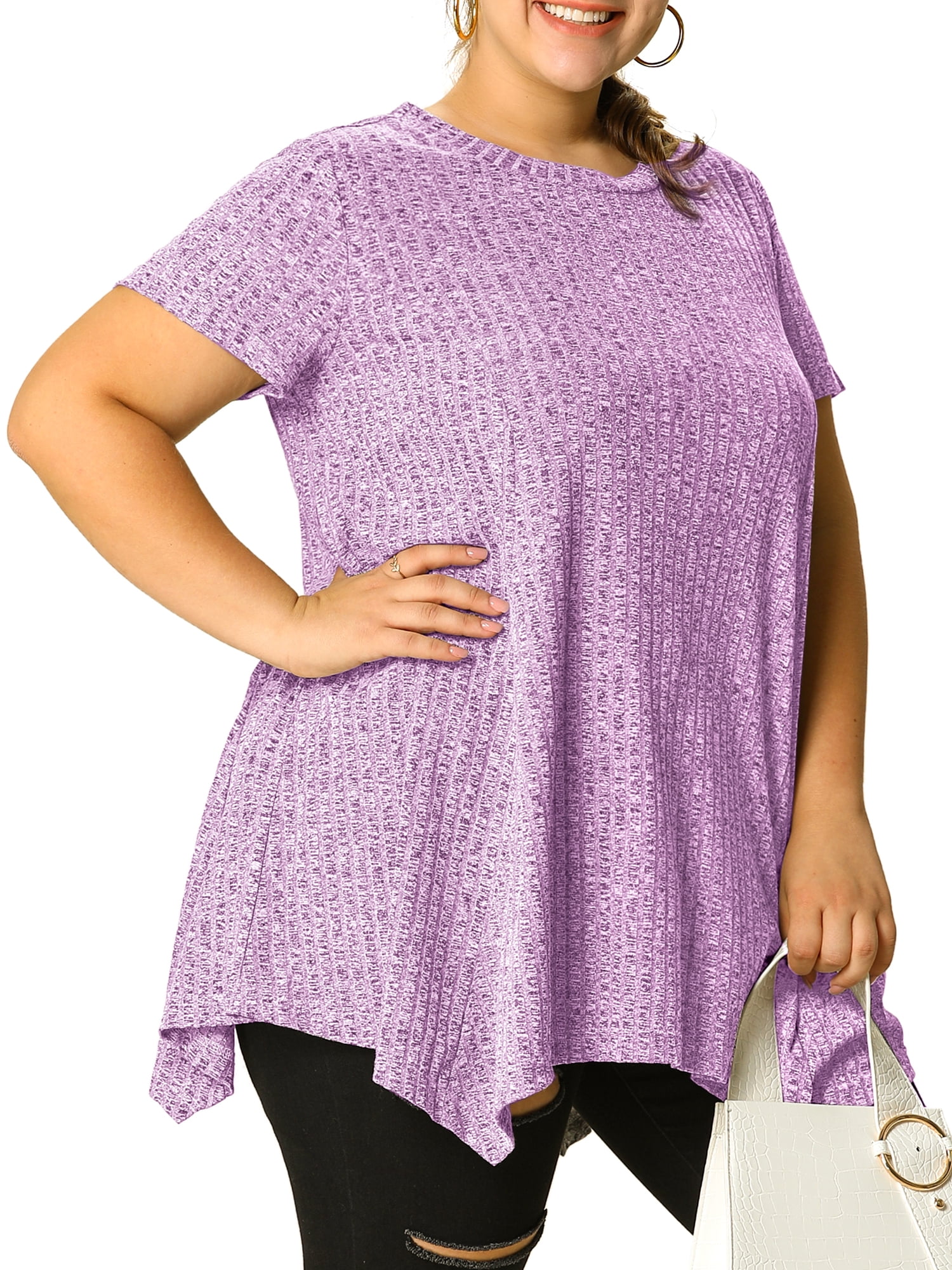 Unique Bargains Juniors' Plus Size Short Sleeve Tunic Handkerchief Hem Summer Casual Top 1X Purple