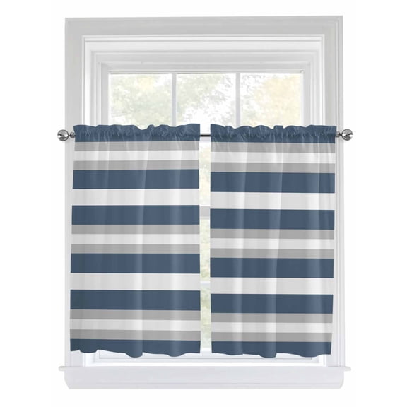Blue Grey Stripe Kitchen Curtains 45 Inches length, Farmhouse Modern Art Striped Window Treatment Curtain Drapes, Lightweight Window Panels for Living Room Bedroom, 52"x45", 2 Panels