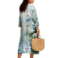 thumbnail image 2 of COEQINE Bohemian Summer Dress 3/4 Sleeve Wrap V-Neck Women's Boho Midi Tunic Shift Dress, Linen Look Loose Fit, Vacation & Everyday Wear, Size 2XL, Light Blue Watercolor Floral, 2 of 6