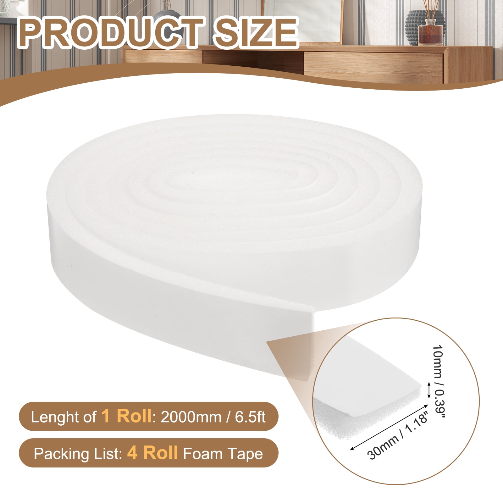 Uxcell Foam Insulation Tape 1-3/16" W x 3/8" t x 6.5FT, 4 Pcs Single-Sided Self Adhesive Weather Stripping Door Seal Strip for Door Window Air Conditioning, White