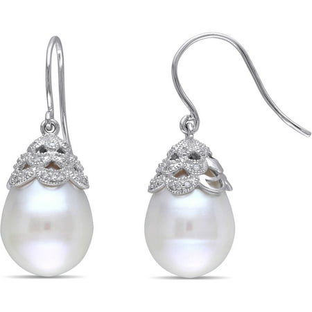 Miabella 10.5-11mm White Round Cultured Freshwater Pearl and Diamond-Accent 14kt White Gold Dangle Earrings