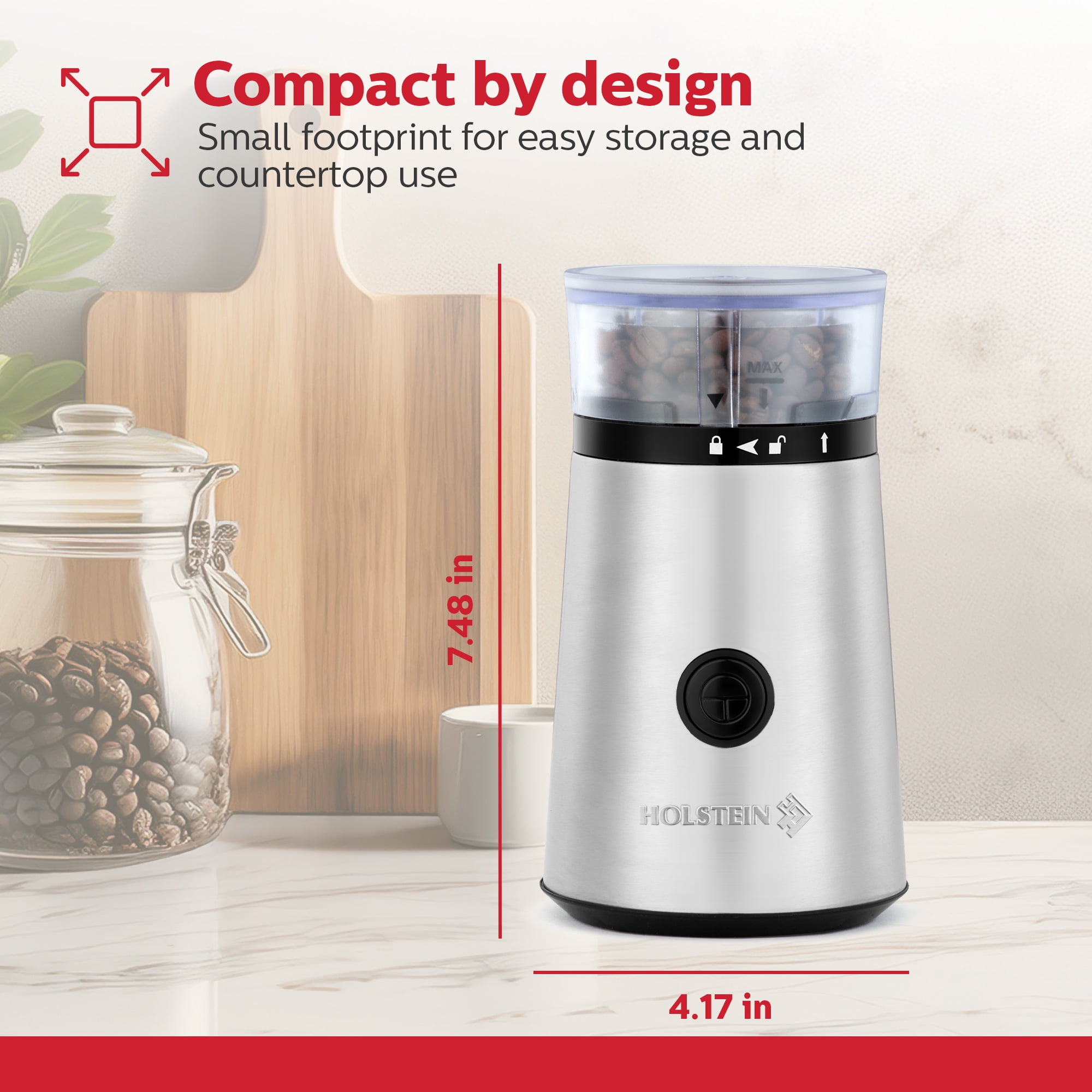 Holstein Housewares Electric Coffee Grinder Featuring a 2.1oz Capacity, Stainless Steel Blades, 150-Watt Motor for Coffee Beans, Nuts, Herbs, Grains, and Spices pulse Function