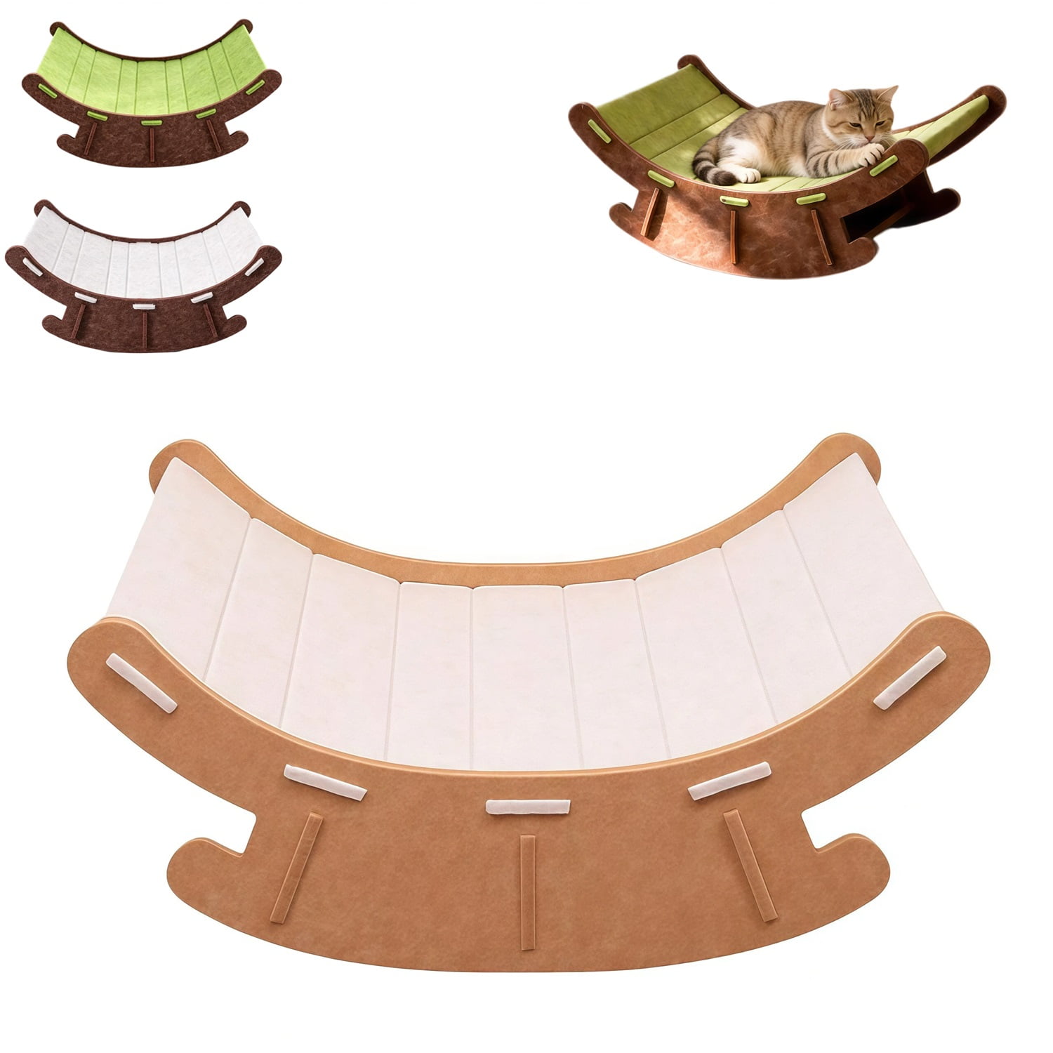 2-in-1 Cat Recliner Scratcher Rocking Bed Foldable Curved Felt Cat Nest Wear Resistant Spacious Lounge for Indoor Cats All Seasons