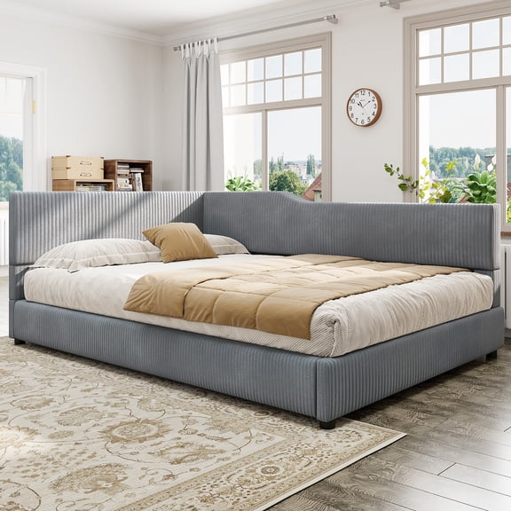 Aukfa Full Size Bed Frame, L-Shaped Corduroy Upholstered Daybed, Gray