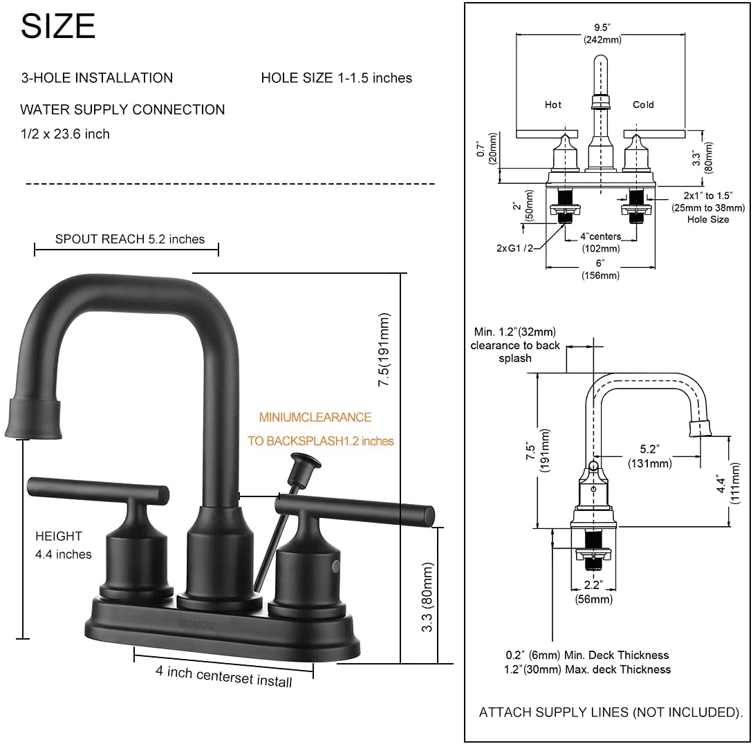 Wowow Centerset 4 in. 2-Handle High-Arc Bathroom Faucet with Drain and Supply line, Matte Black